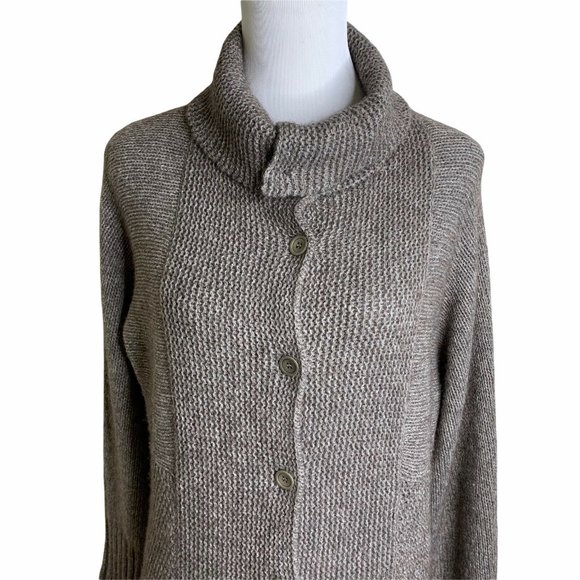 Eileen Fisher Beige Melange Front Pockets High Neck Long Sweater Cardigan M - Picture 2 of 10